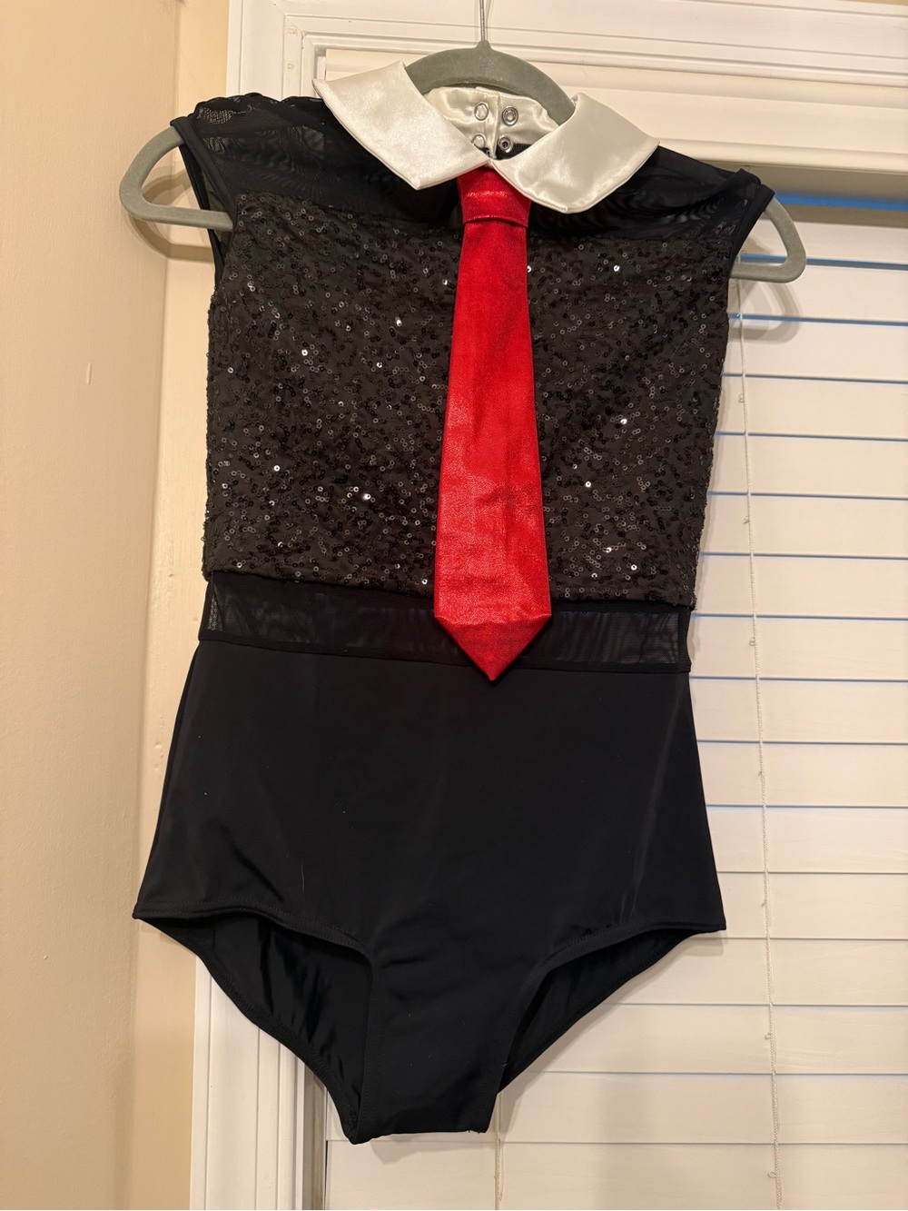 Weissman Black Sequin Dance Leotard with Red Tie and White Collar with jacket